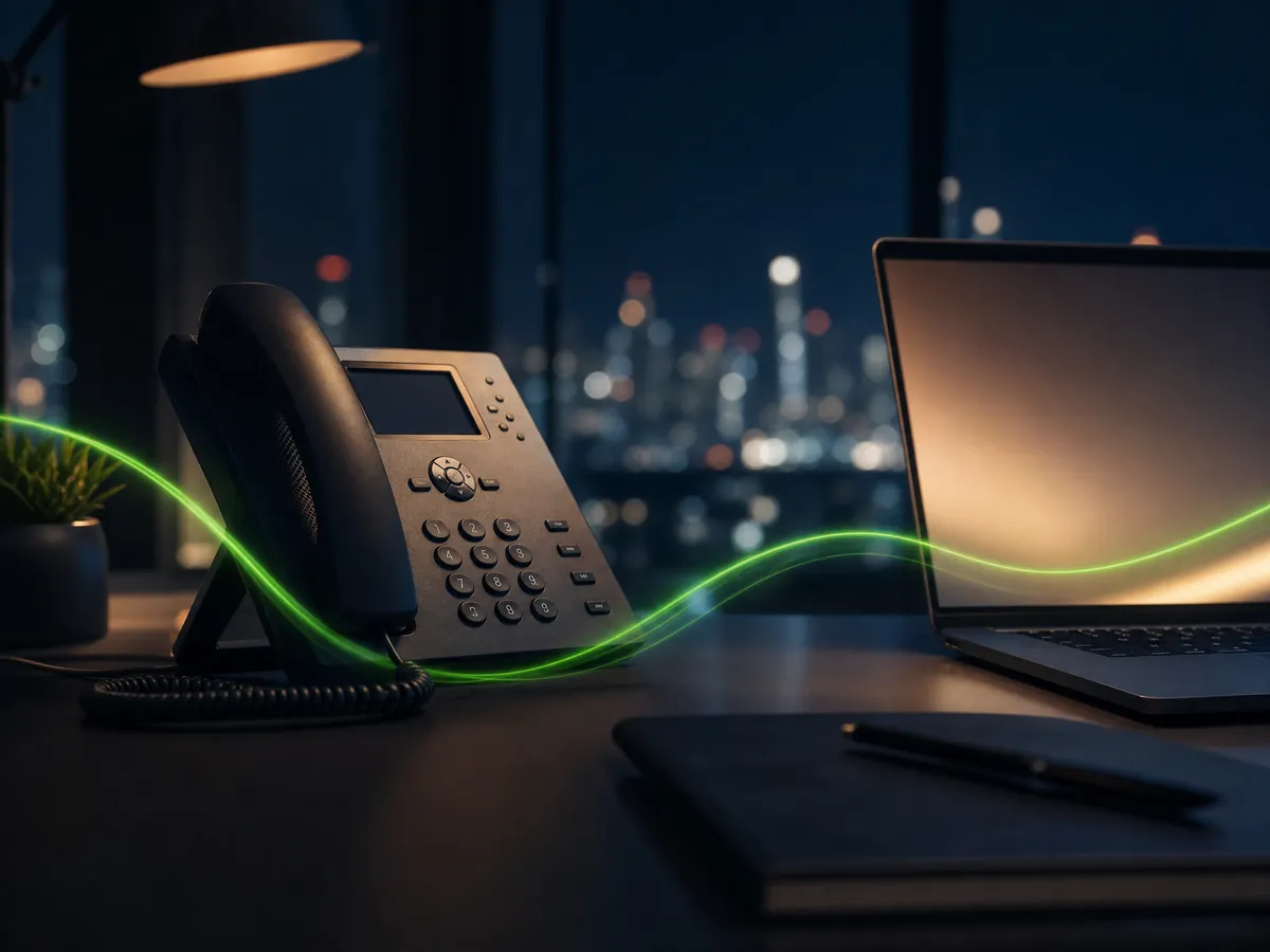 Desk at night by a window: a desk phone and an open laptop, joined by a glowing green line.
