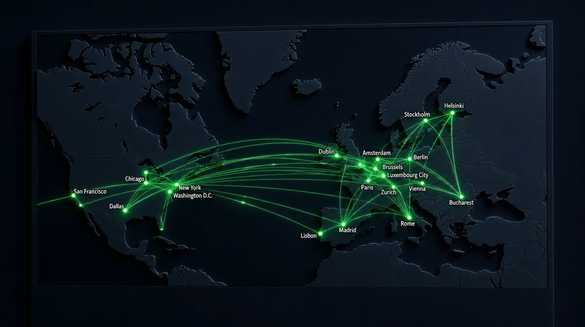Dark world map with green connection lines linking Luxembourg City, Brussels, Paris, Berlin, Amsterdam and cities across the Atlantic.